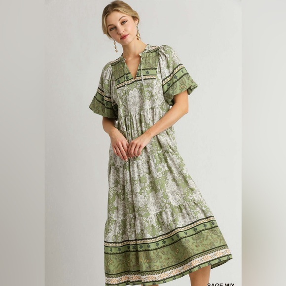 Umgee NWT Boutique Boho Hippy Floral Print Dress S - L SAGE greenBohemian Gypsy - Picture 4 of 10